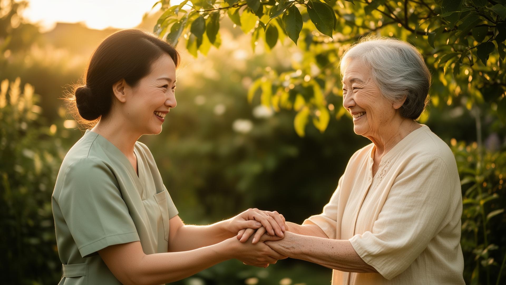 A Mayden Support caregiver holding hands with a smiling elderly woman in a garden